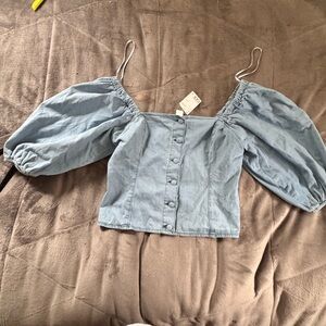 Denim Puff-Sleeve Corset Button Front Women's Top
